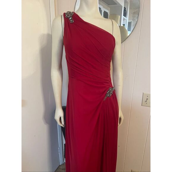 Alex Evenings Red One Shoulder Jewled Ruched Long Gown 10 - Picture 4 of 7